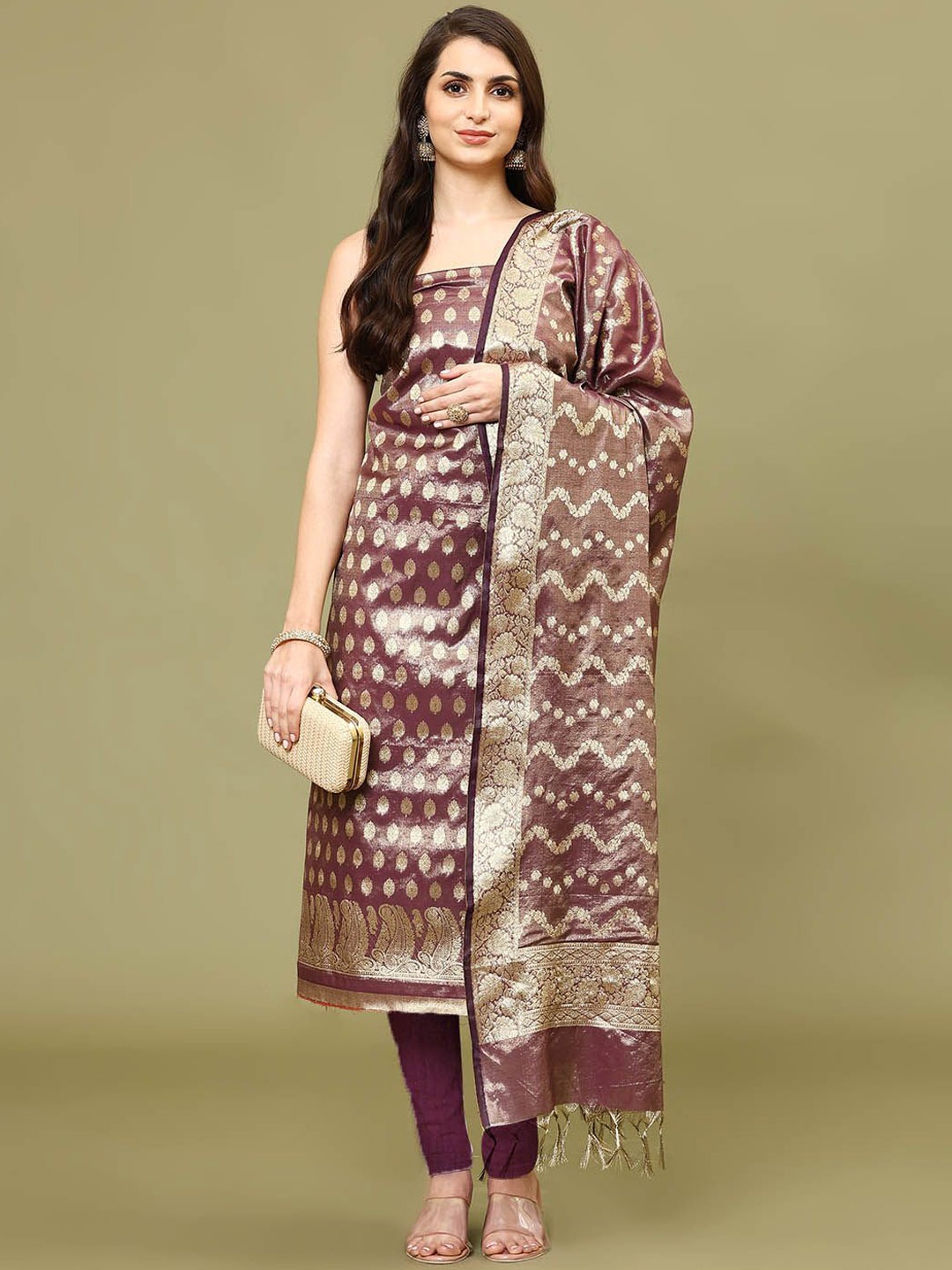 

Meena Bazaar Floral Woven Design Zari Chanderi Unstitched Dress Material, Burgundy