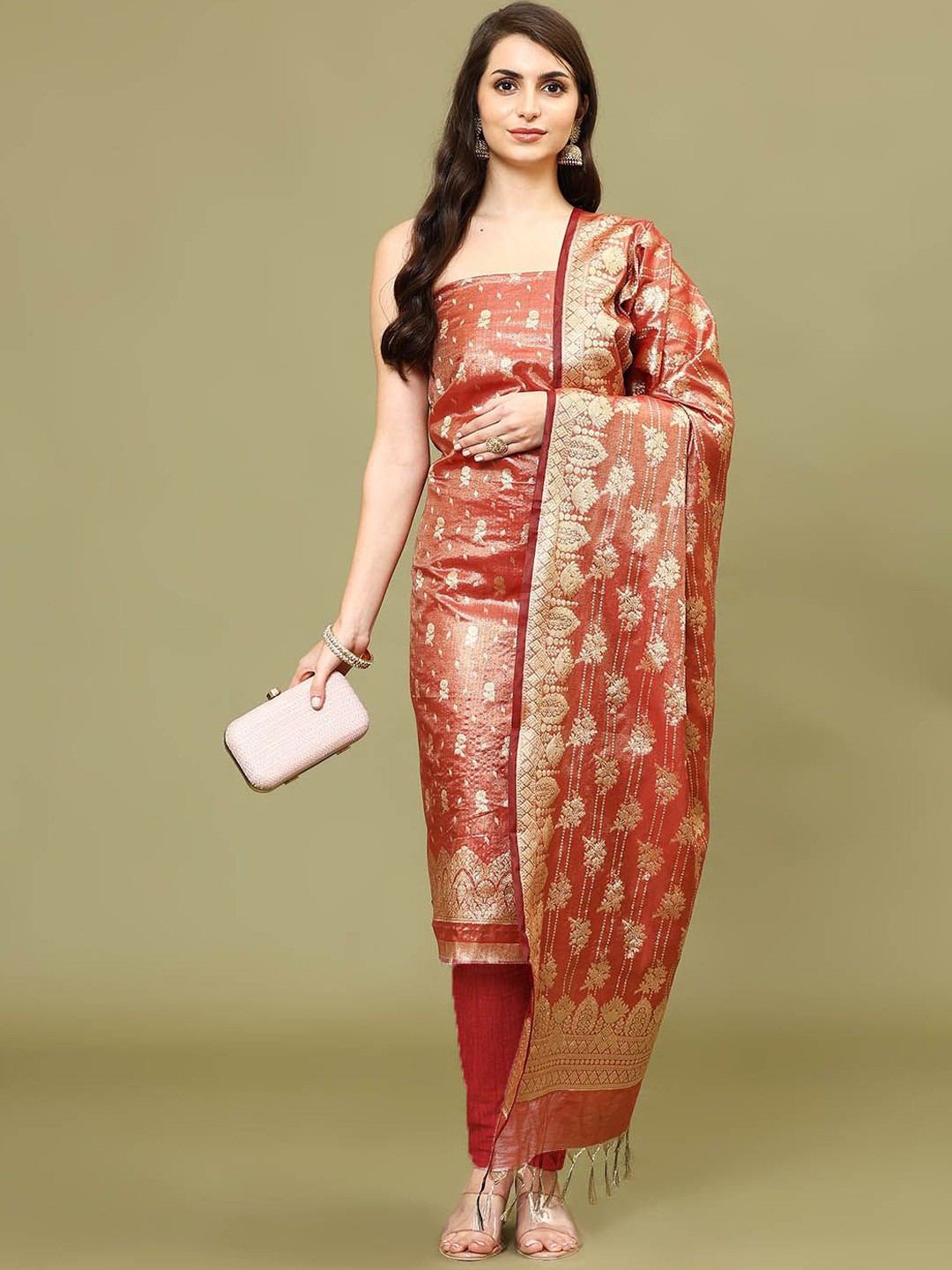 

Meena Bazaar Ethnic Motifs Woven Design Chanderi Unstitched Dress Material, Red