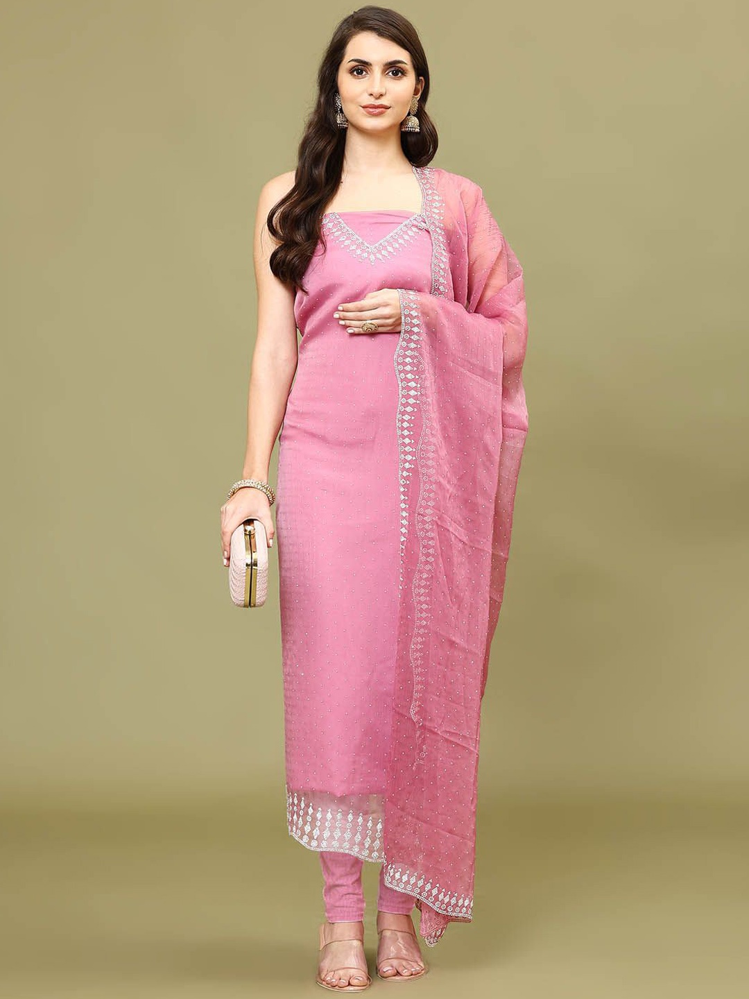 

Meena Bazaar Embroidered Beads & Stones Chinon Unstitched Dress Material, Pink
