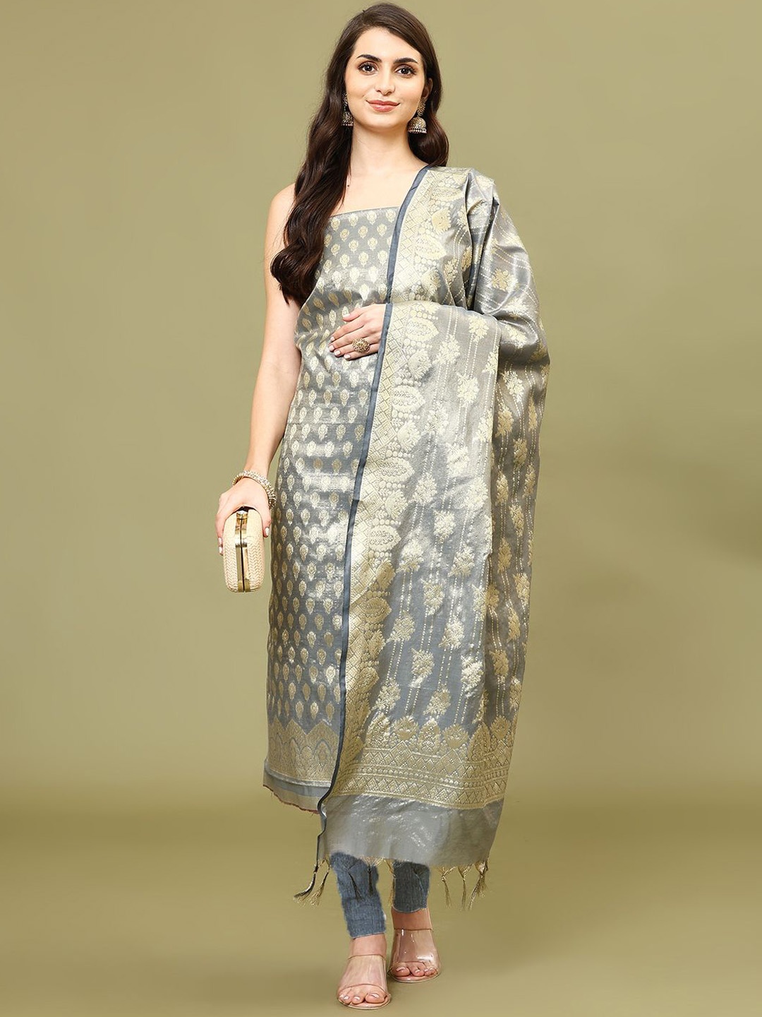 

Meena Bazaar Floral Woven Design Zari Chanderi Unstitched Dress Material, Grey