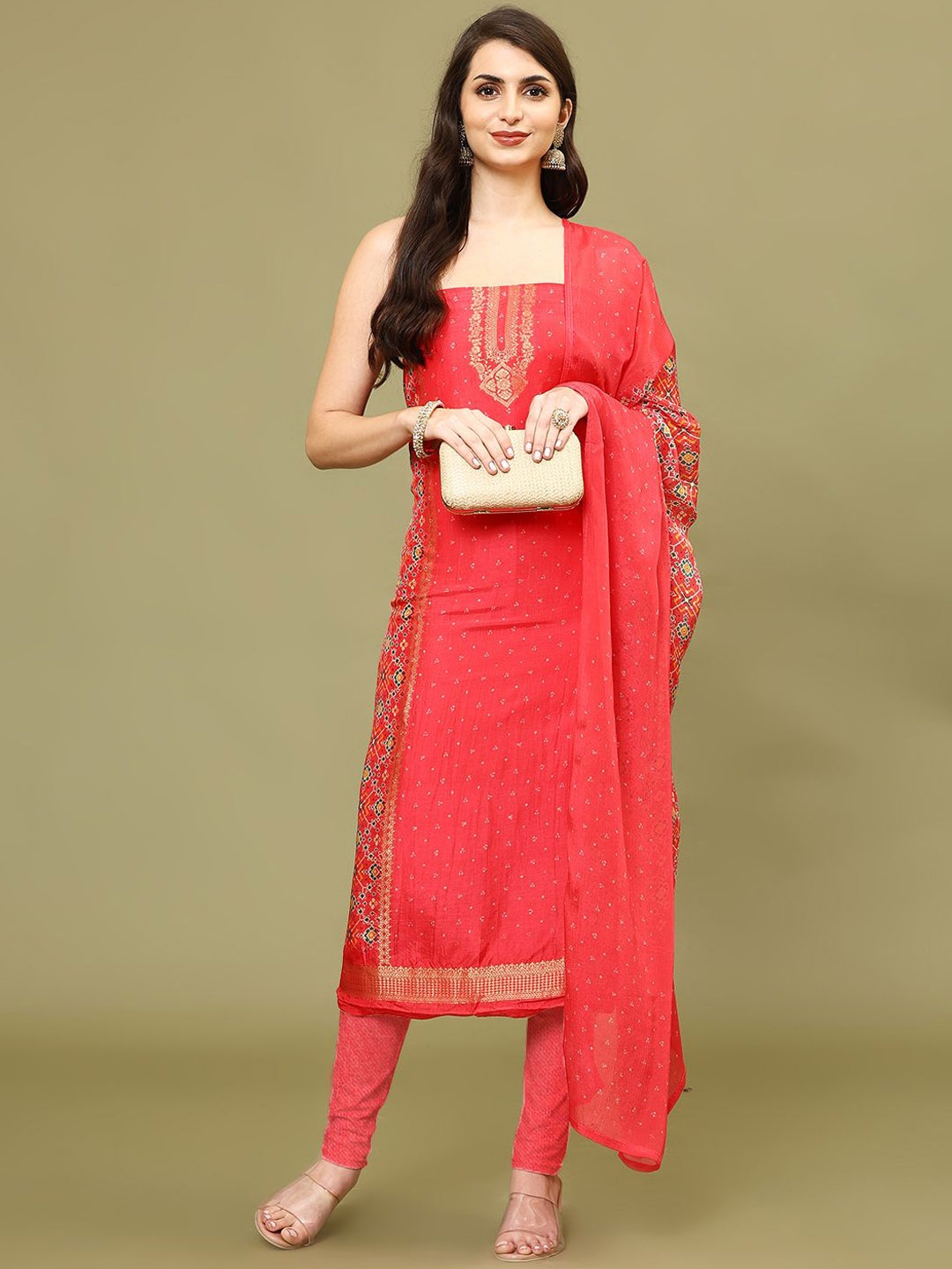 

Meena Bazaar Bandhani Woven Design Zari Chanderi Unstitched Dress Material, Pink
