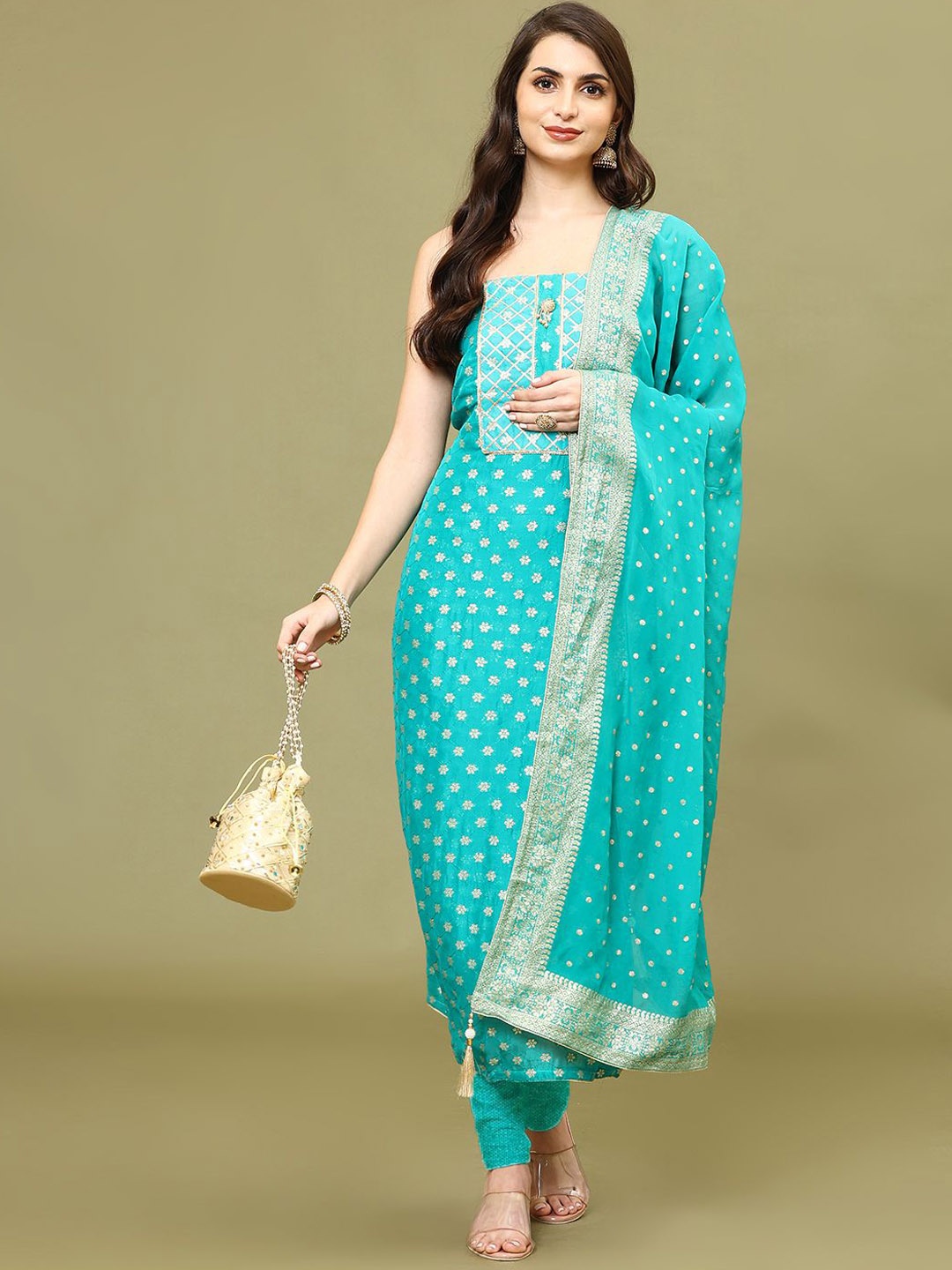 

Meena Bazaar Ethnic Motifs Woven Design Chanderi Unstitched Dress Material, Sea green