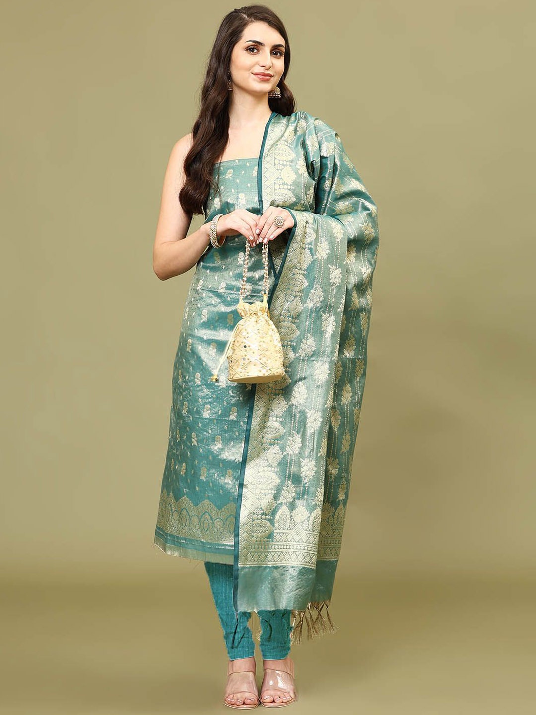 

Meena Bazaar Ethnic Motifs Woven Design Chanderi Unstitched Dress Material, Sea green