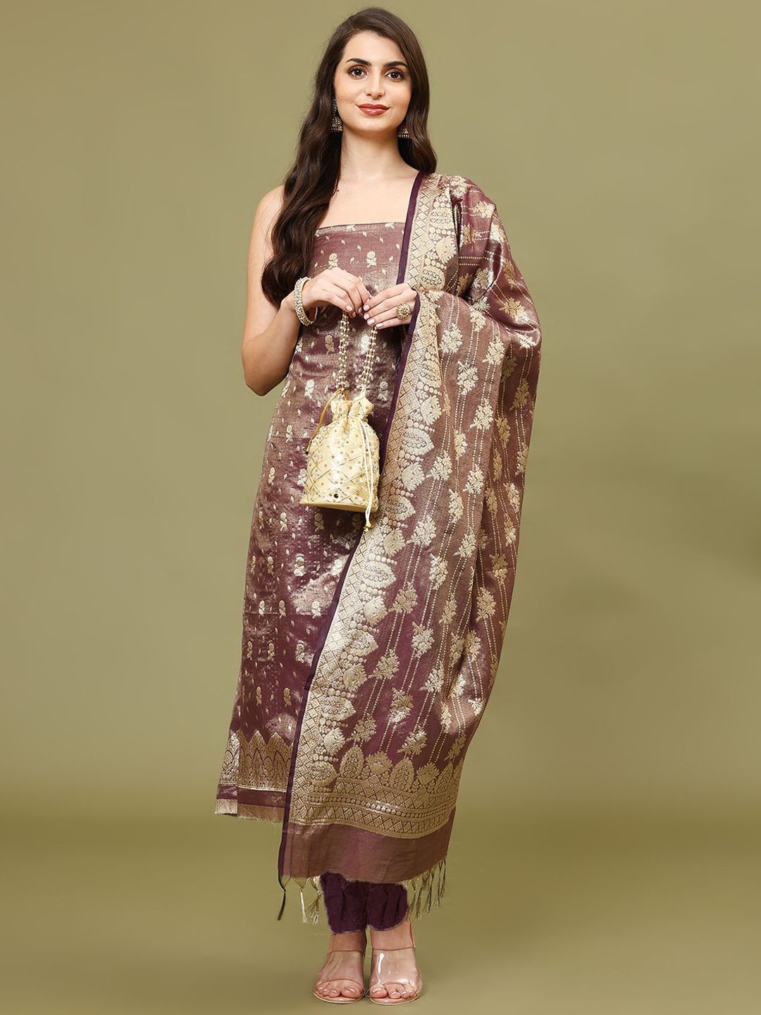 

Meena Bazaar Ethnic Motifs Woven Design Chanderi Unstitched Dress Material, Burgundy