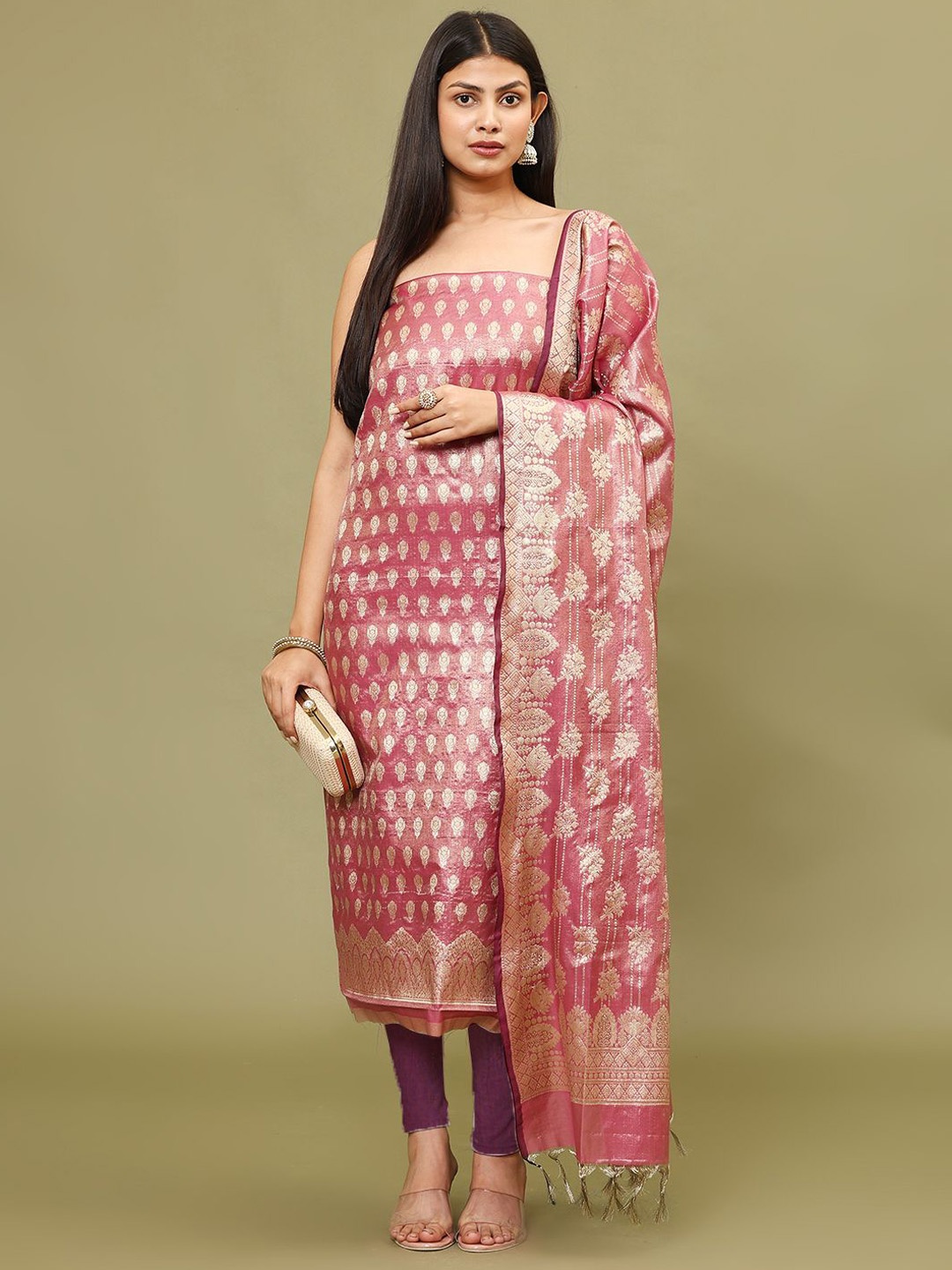 

Meena Bazaar Floral Woven Design Zari Chanderi Unstitched Dress Material, Burgundy