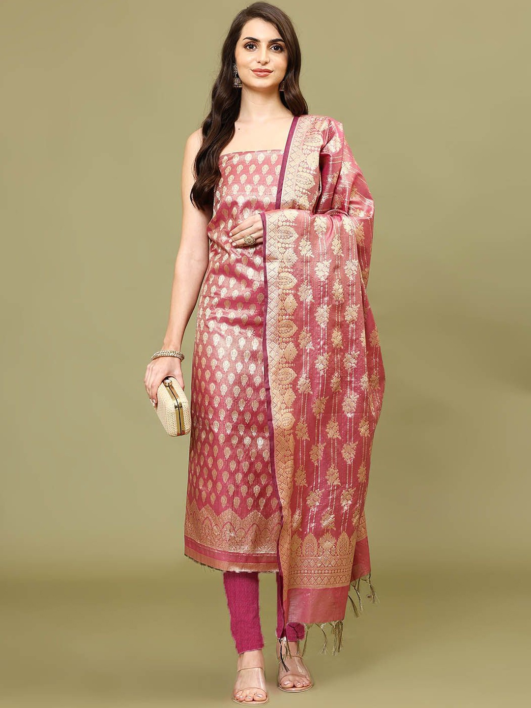 

Meena Bazaar Ethnic Motifs Woven Design Chanderi Unstitched Dress Material, Pink