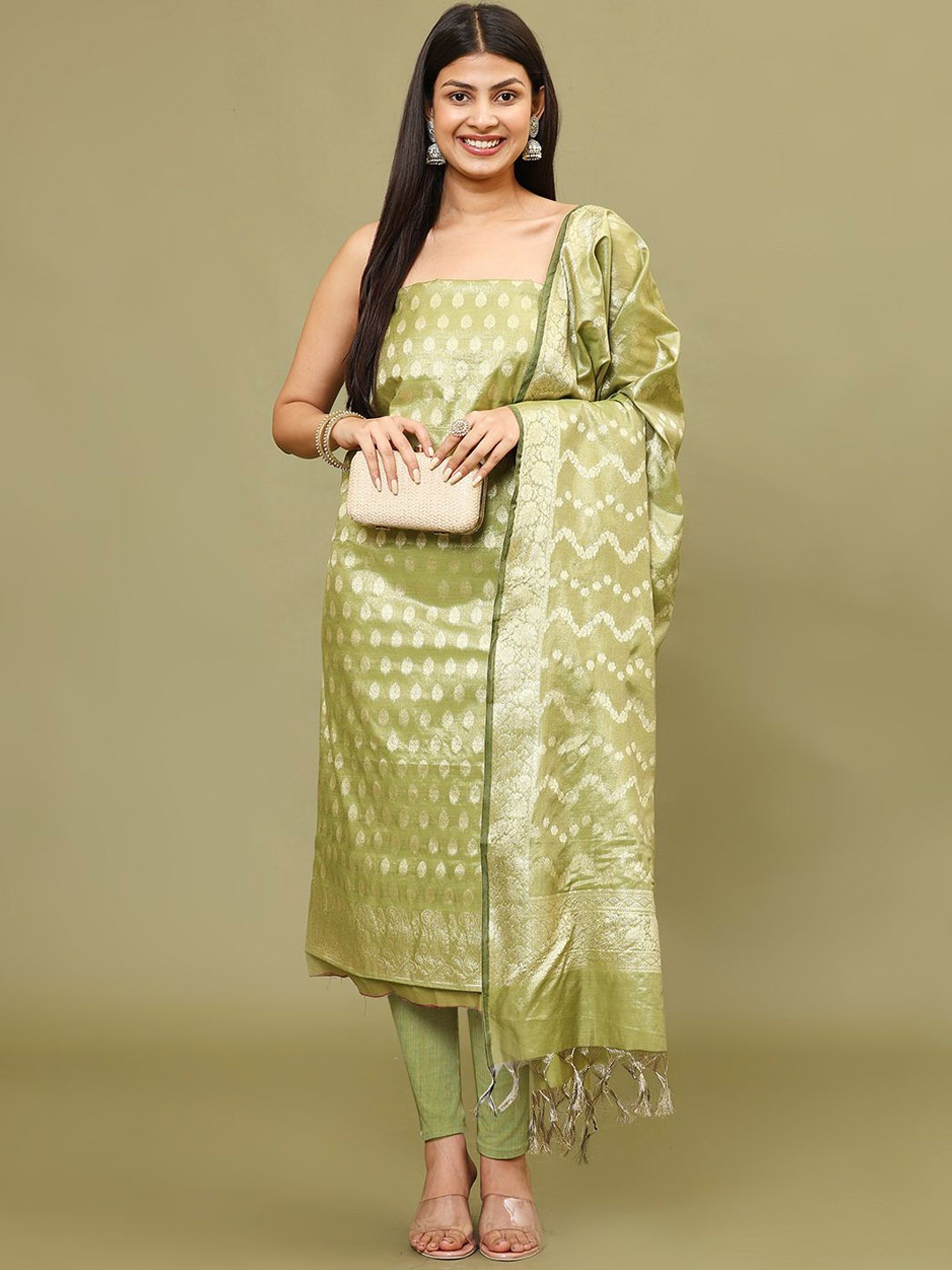 

Meena Bazaar Floral Woven Design Zari Chanderi Unstitched Dress Material, Grey