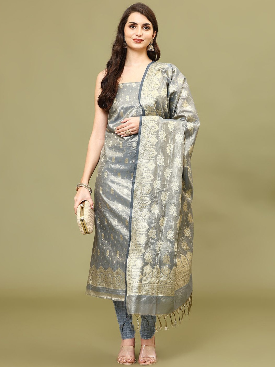 

Meena Bazaar Ethnic Motifs Woven Design Chanderi Unstitched Dress Material, Grey