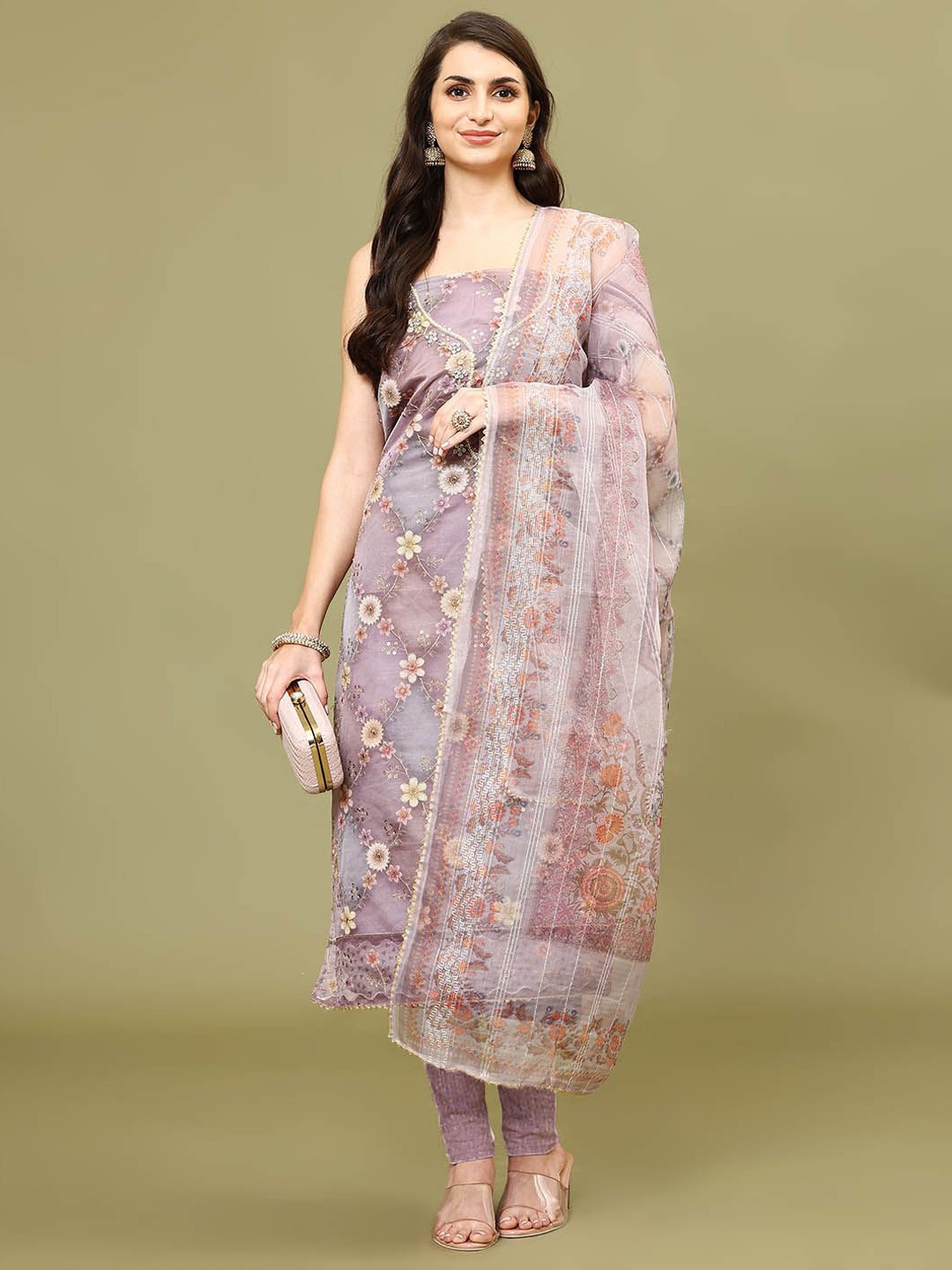 

Meena Bazaar Embroidered & Floral Printed Organza Unstitched Dress Material, Purple