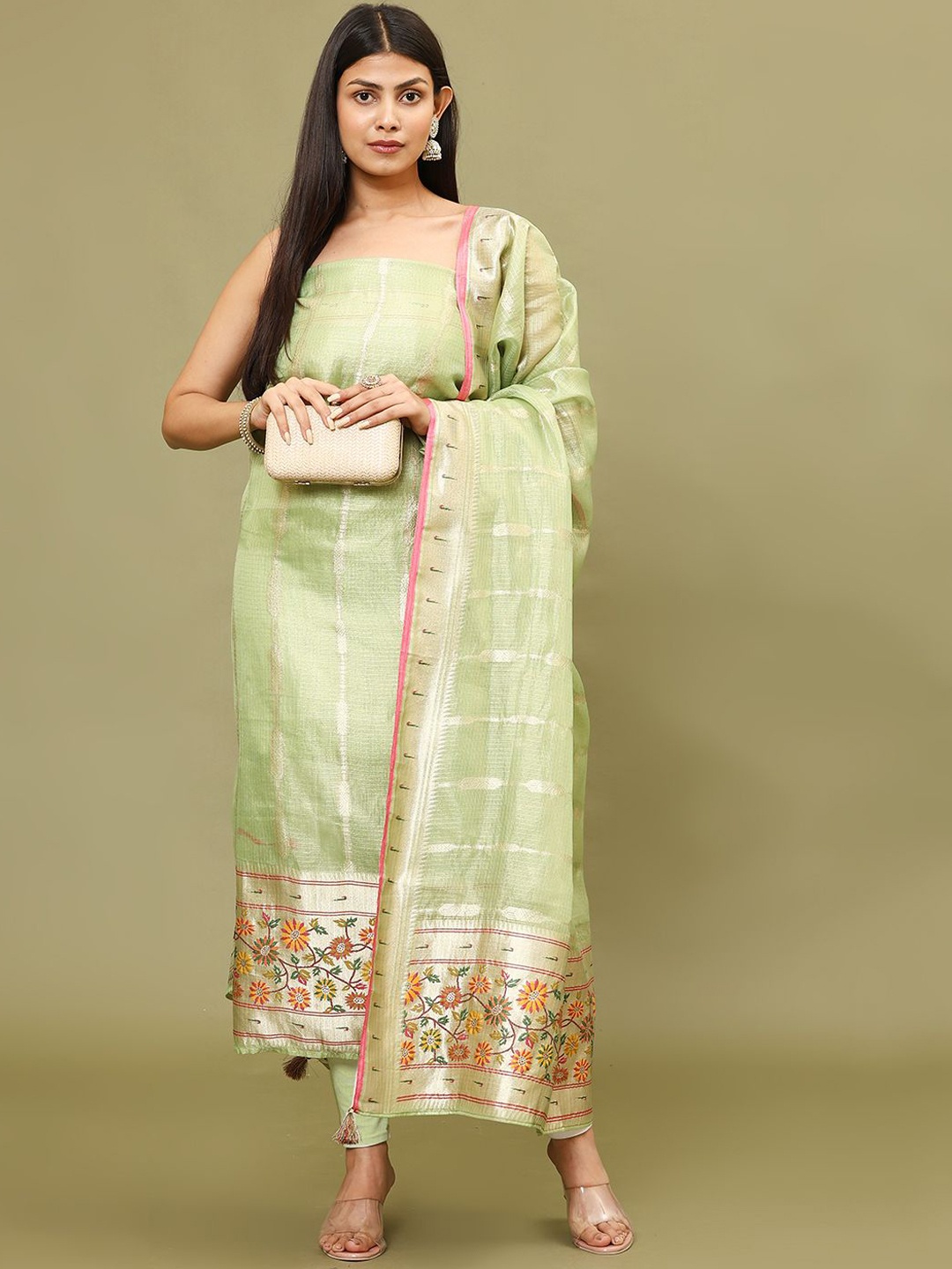 

Meena Bazaar Floral Woven Design Zari Tissue Unstitched Dress Material, Green