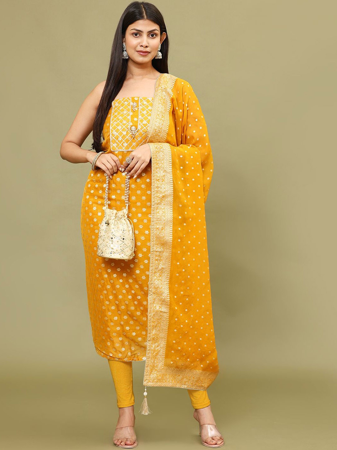 

Meena Bazaar Ethnic Motifs Woven Design Chanderi Unstitched Dress Material, Mustard