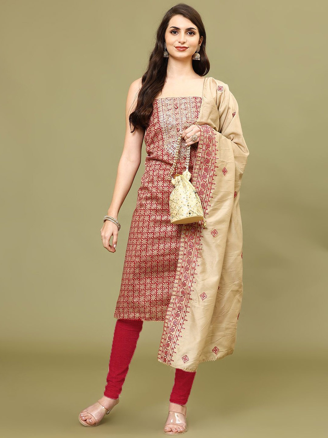 

Meena Bazaar Floral Embroidered Sequined Cotton Unstitched Dress Material, Pink