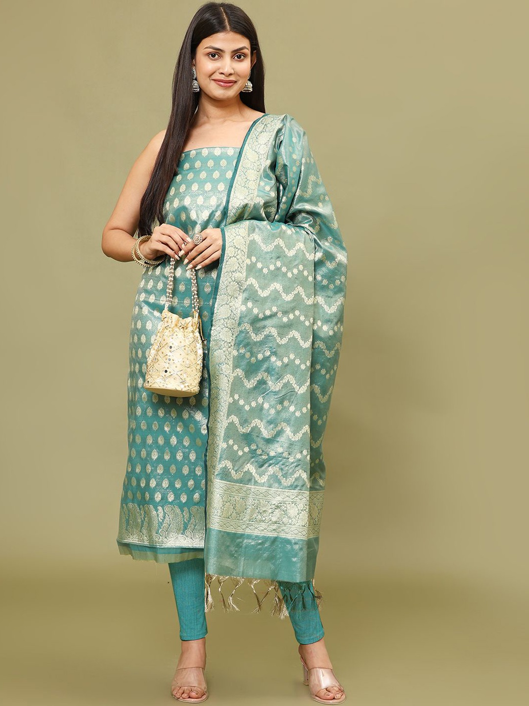 

Meena Bazaar Floral Woven Design Zari Chanderi Unstitched Dress Material, Sea green
