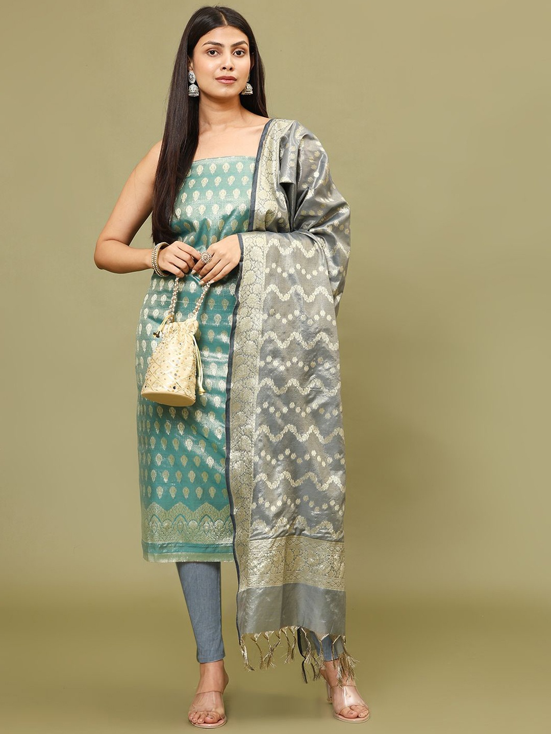 

Meena Bazaar Floral Woven Design Zari Chanderi Unstitched Dress Material, Sea green