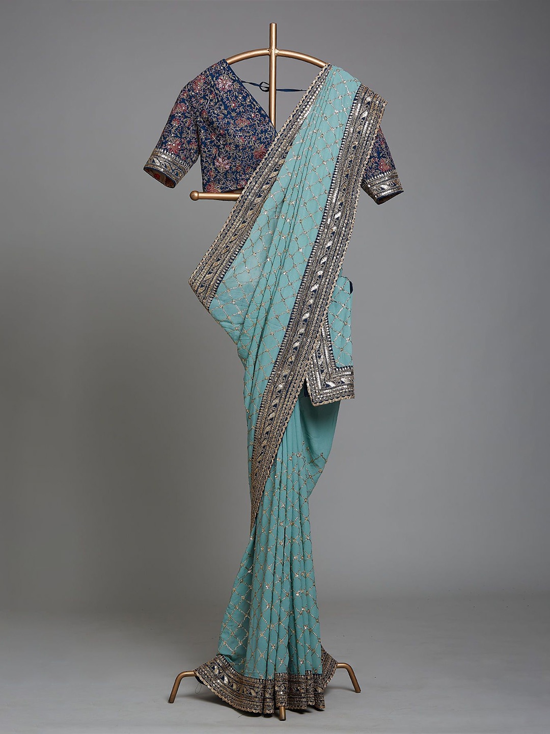 

Rujave Embellished Sequinned Pure Georgette Heavy Work Saree, Turquoise blue