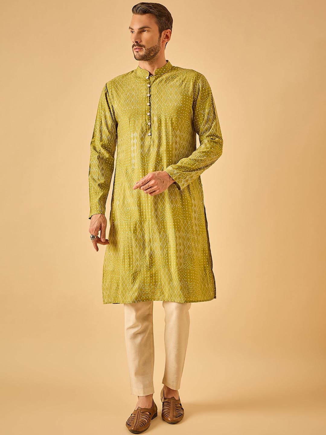 

House of Pataudi Geometric Printed Mandarin Collar Straight Kurta, Lime green