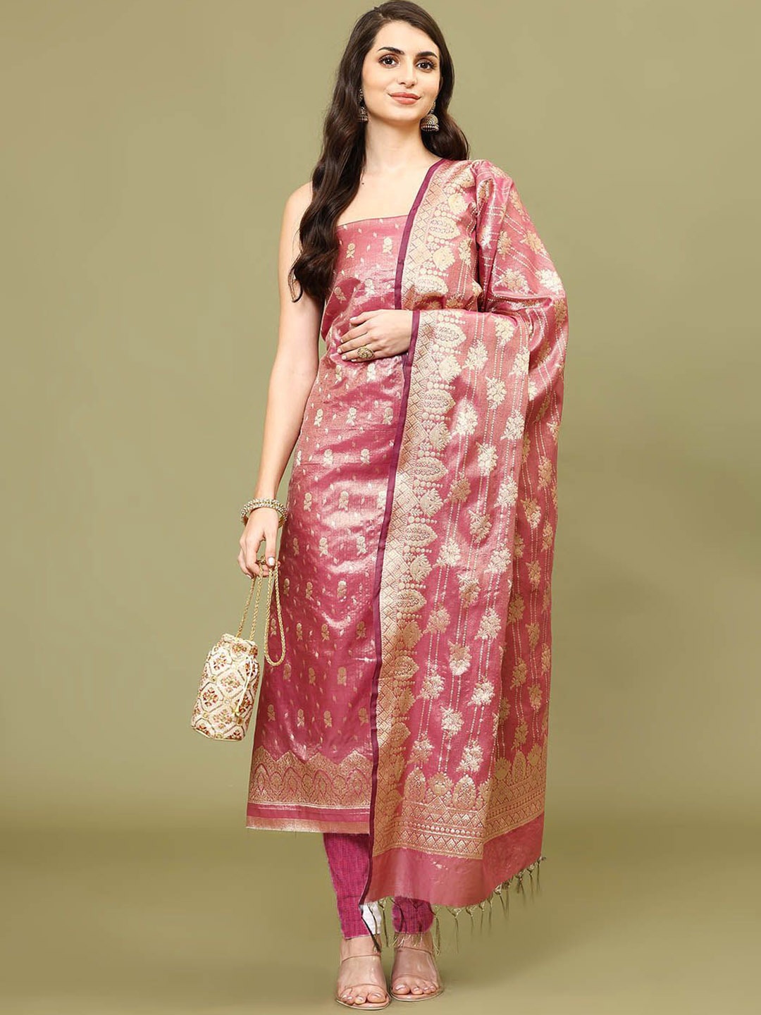 

Meena Bazaar Ethnic Motifs Woven Design Chanderi Unstitched Dress Material, Pink