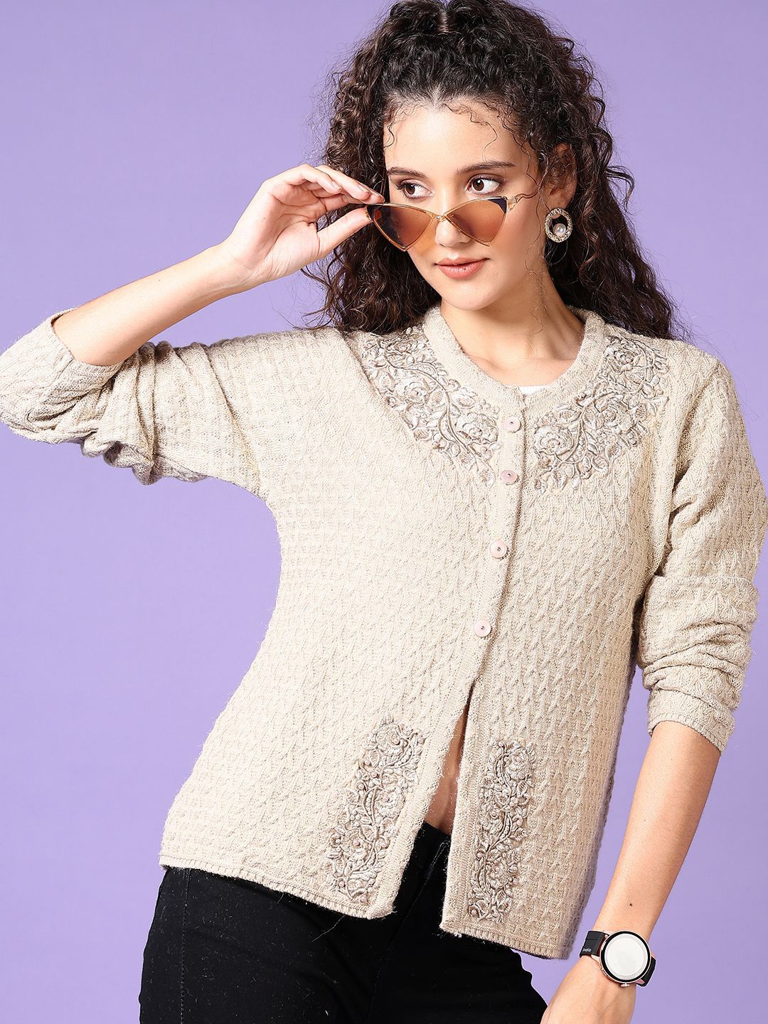 

V-Mart Women Embroidered Cardigan, Beige
