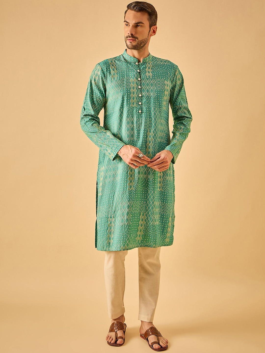 

House of Pataudi Geometric Printed Mandarin Collar Straight Kurta, Teal