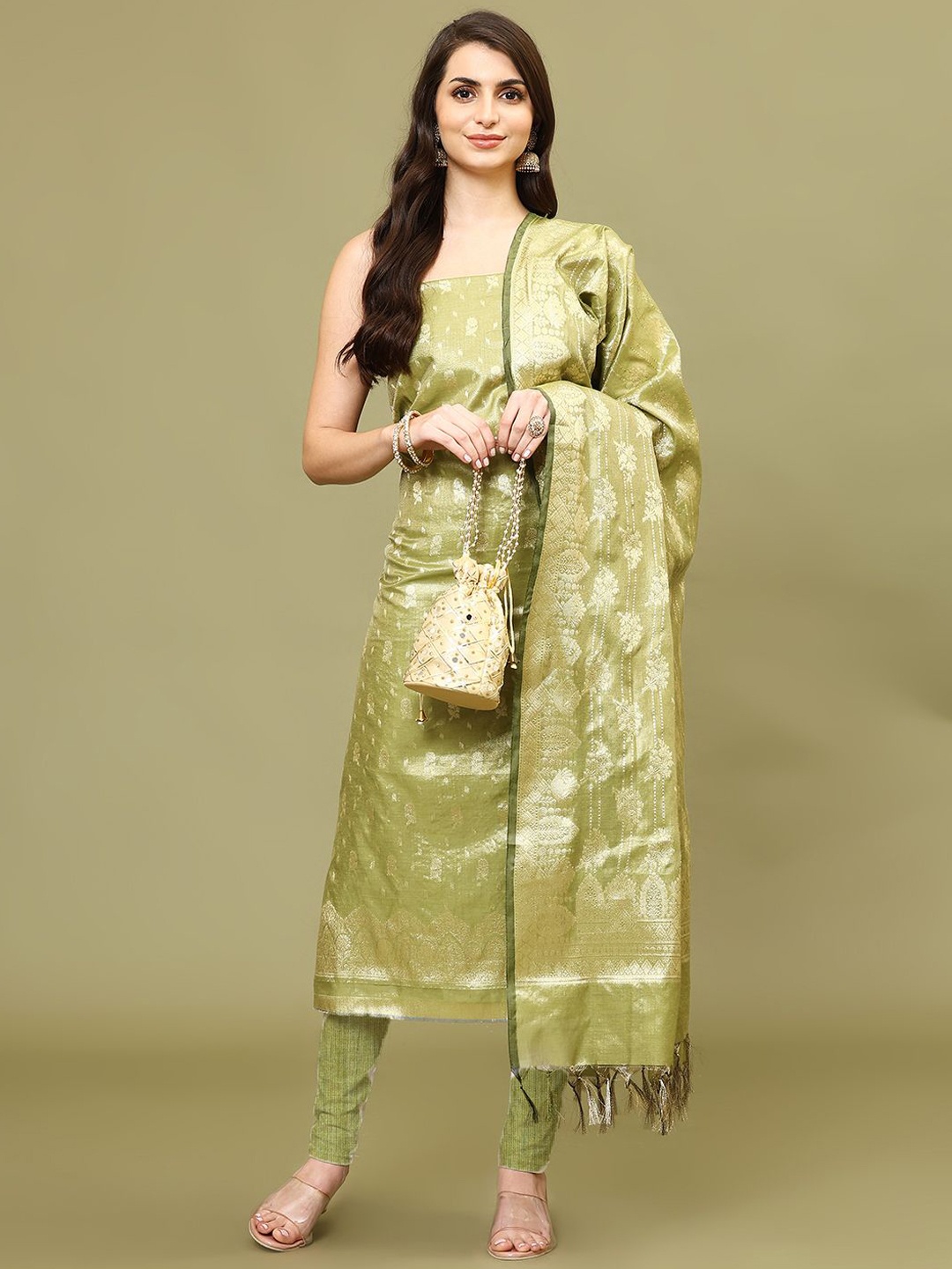 

Meena Bazaar Ethnic Motifs Woven Design Chanderi Unstitched Dress Material, Green