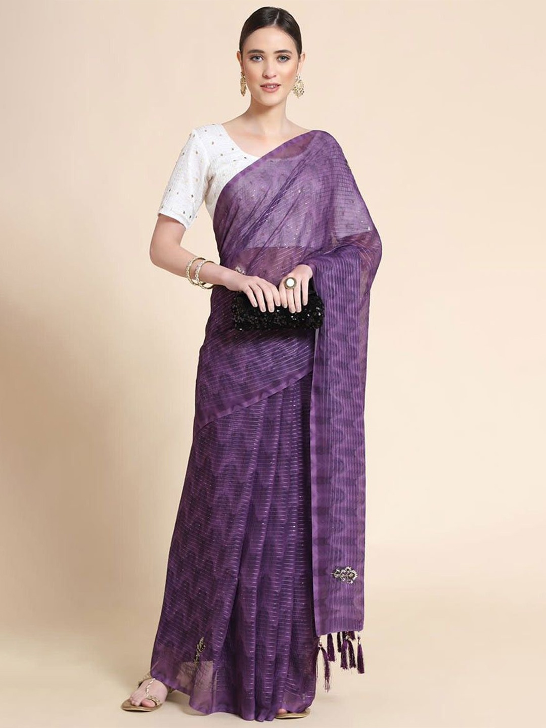 

Rujave Striped Sequinned Pure Georgette Saree, Purple