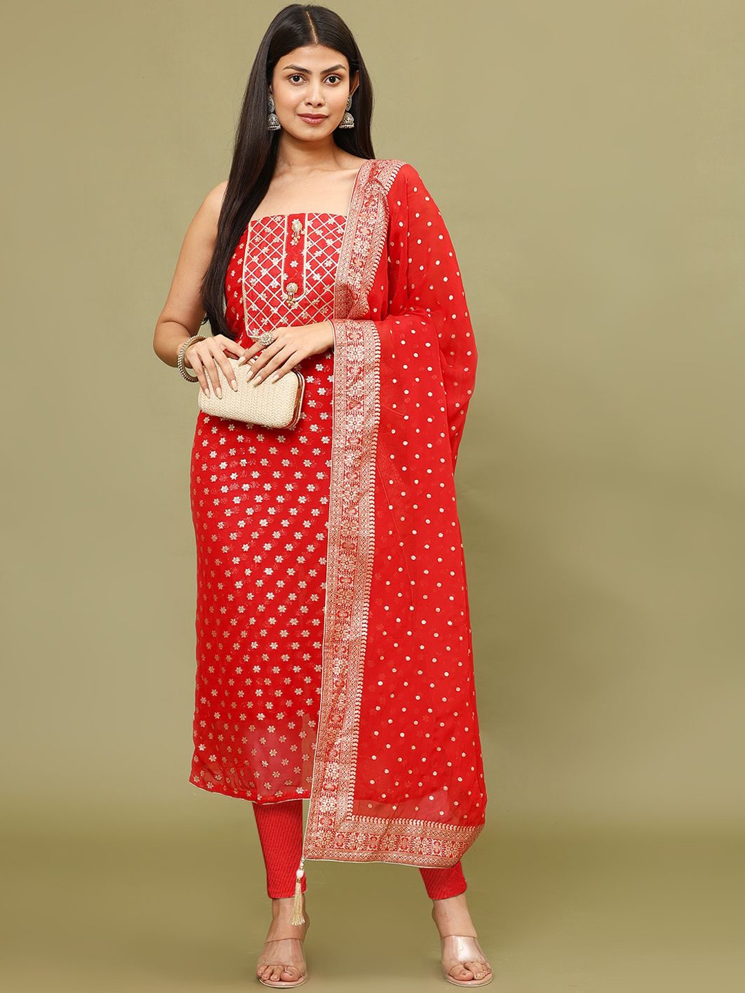 

Meena Bazaar Ethnic Motifs Woven Design Chanderi Unstitched Dress Material, Red