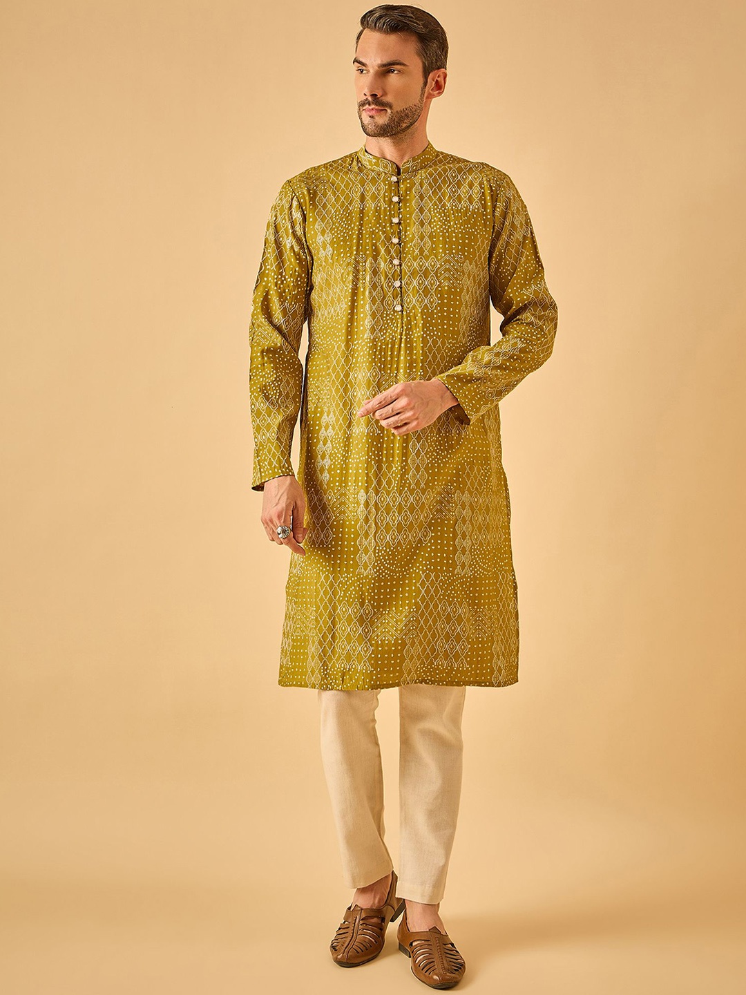 

House of Pataudi Geometric Printed Mandarin Collar Straight Kurta, Green