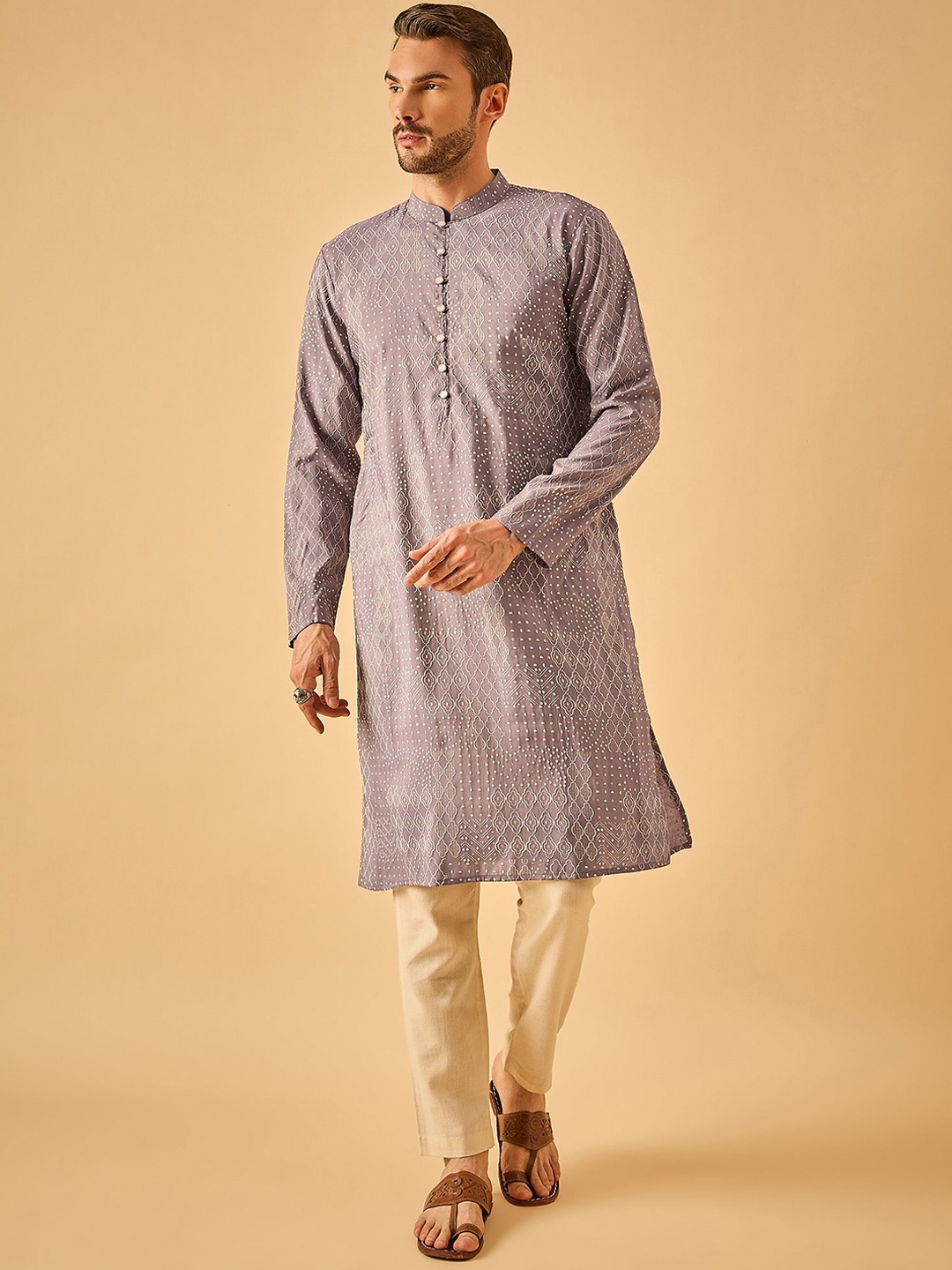 

House of Pataudi Geometric Printed Mandarin Collar Straight Kurta, Violet