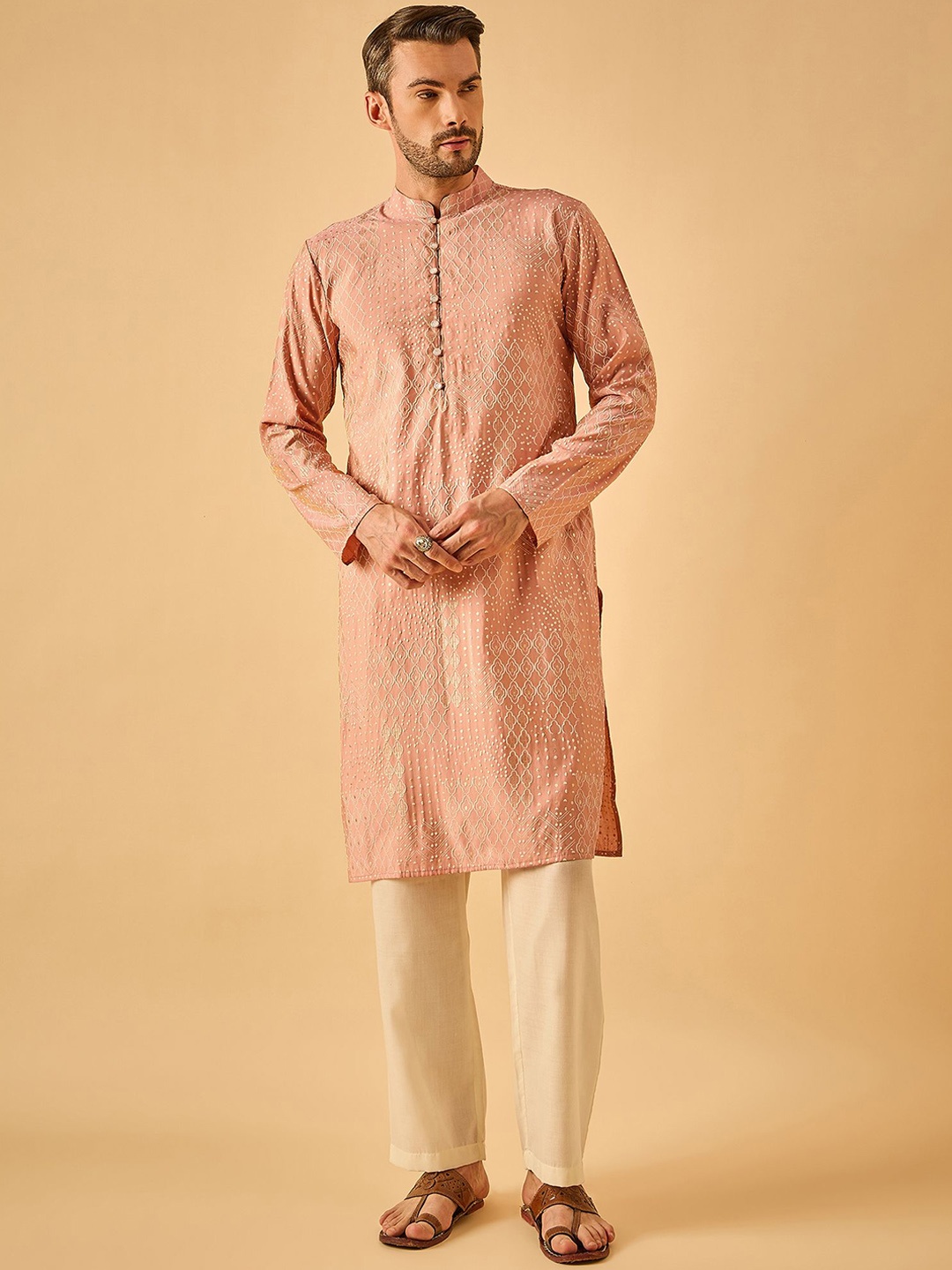 

House of Pataudi Geometric Printed Mandarin Collar Straight Kurta, Peach