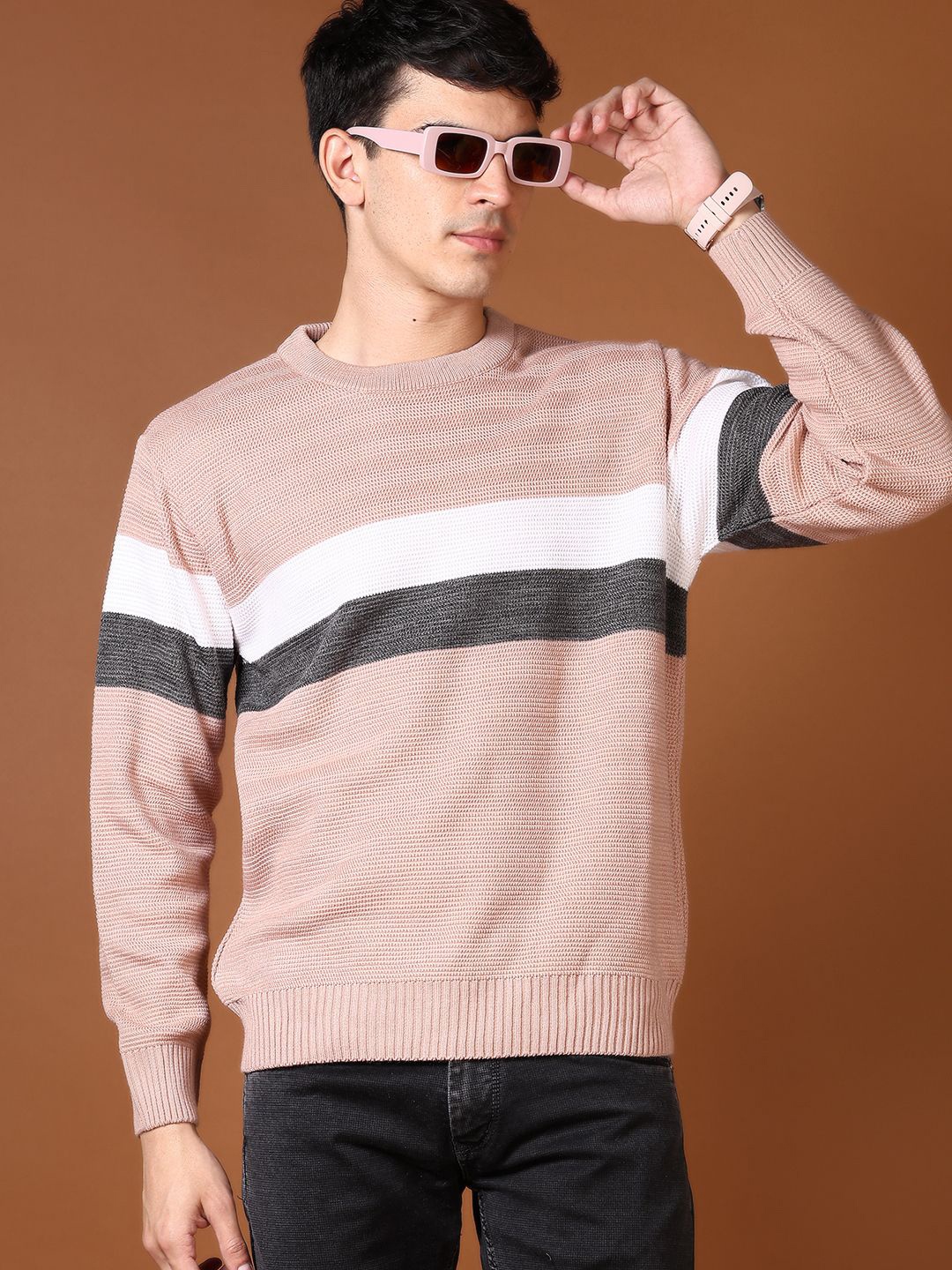 

V-Mart Men Striped Colourblocked Pullover, Peach