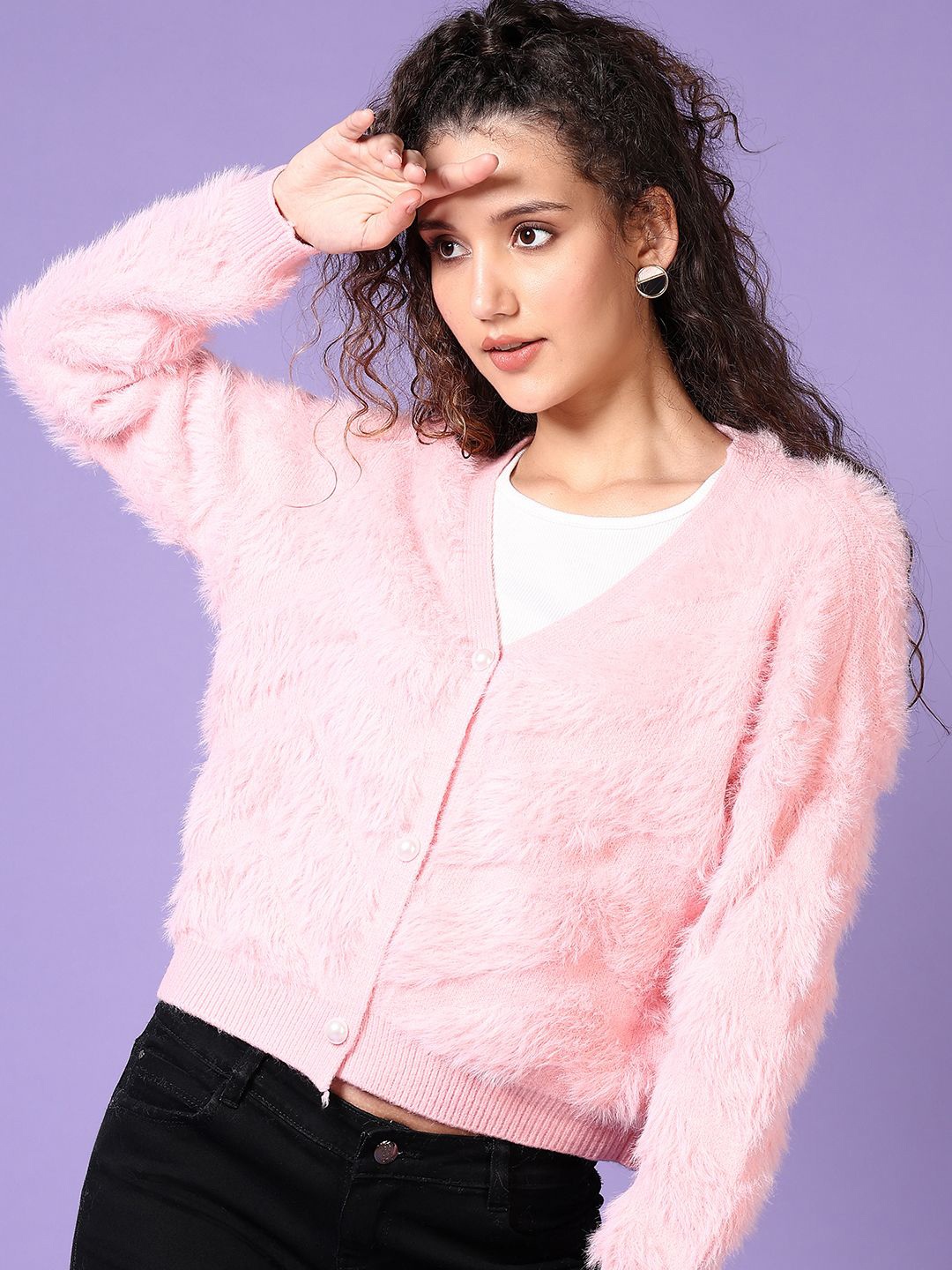 

V-Mart Women V-Neck Cardigan with Fuzzy Detail, Pink