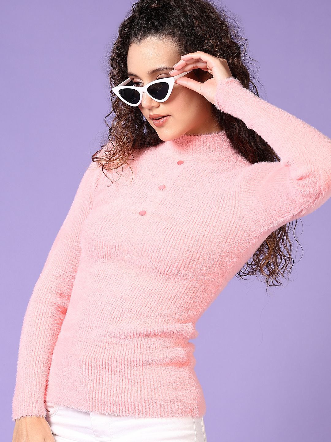 

V-Mart Women High Neck Ribbed Pullover, Pink