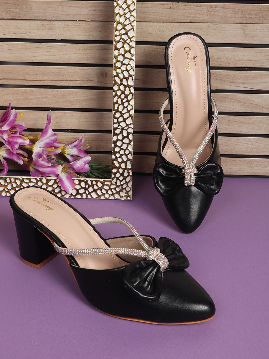 

CHINRAAG Women Embellished Pointed Toe Block Heel Sandals, Black