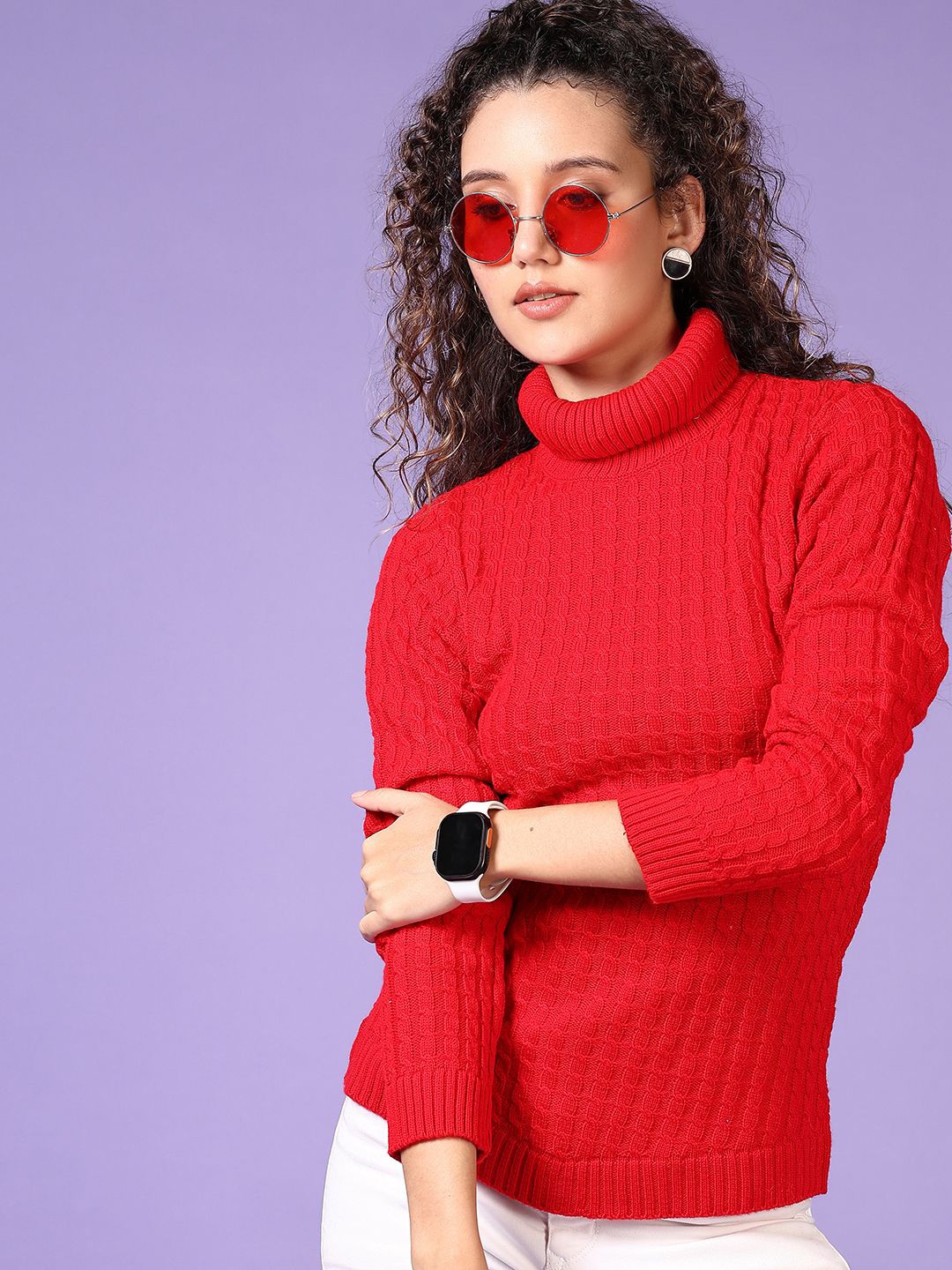 

V-Mart Women Turtle Neck Cable Knit Pullover Sweater, Red