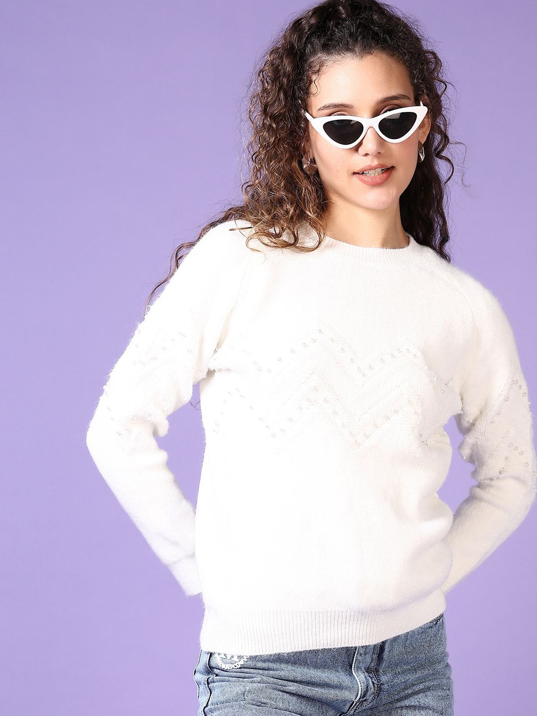 

V-Mart Women Round Neck Pullover with Embellished Detail, White
