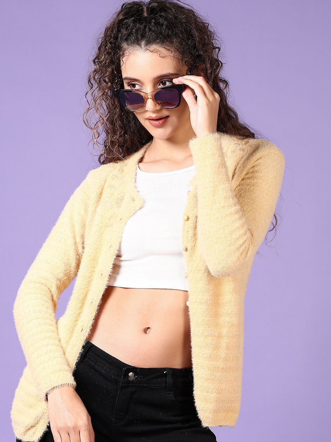 

V-Mart Women Boucle Cardigan with Embroidered Detail, Beige