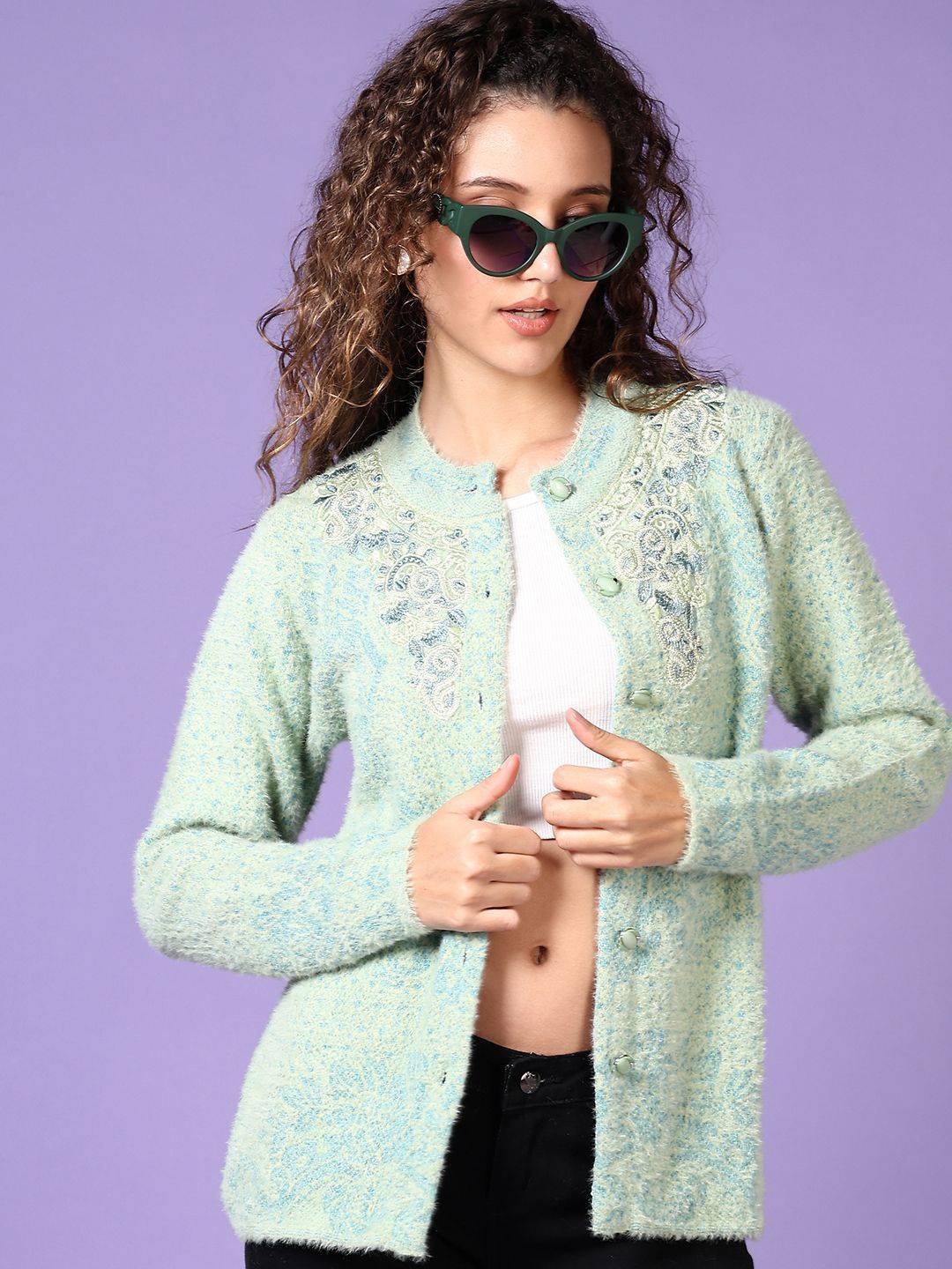 

V-Mart Women Cotton Cardigan with Embroidered Detail, Sea green