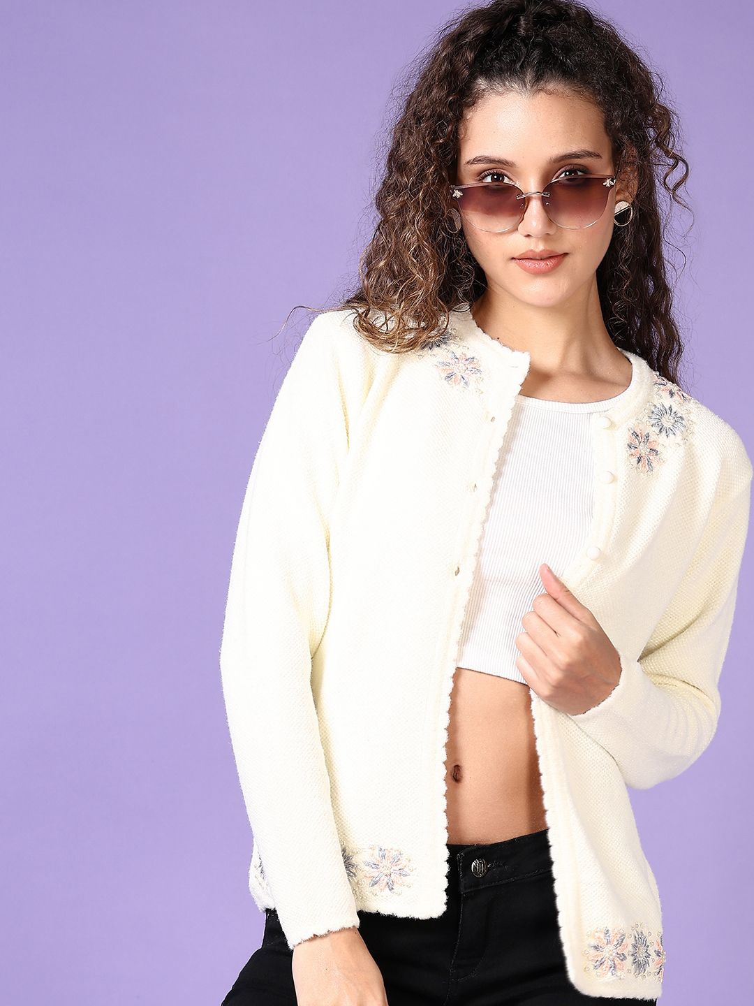 

V-Mart Women Embroidered Cardigan Cotton Sweater, Cream