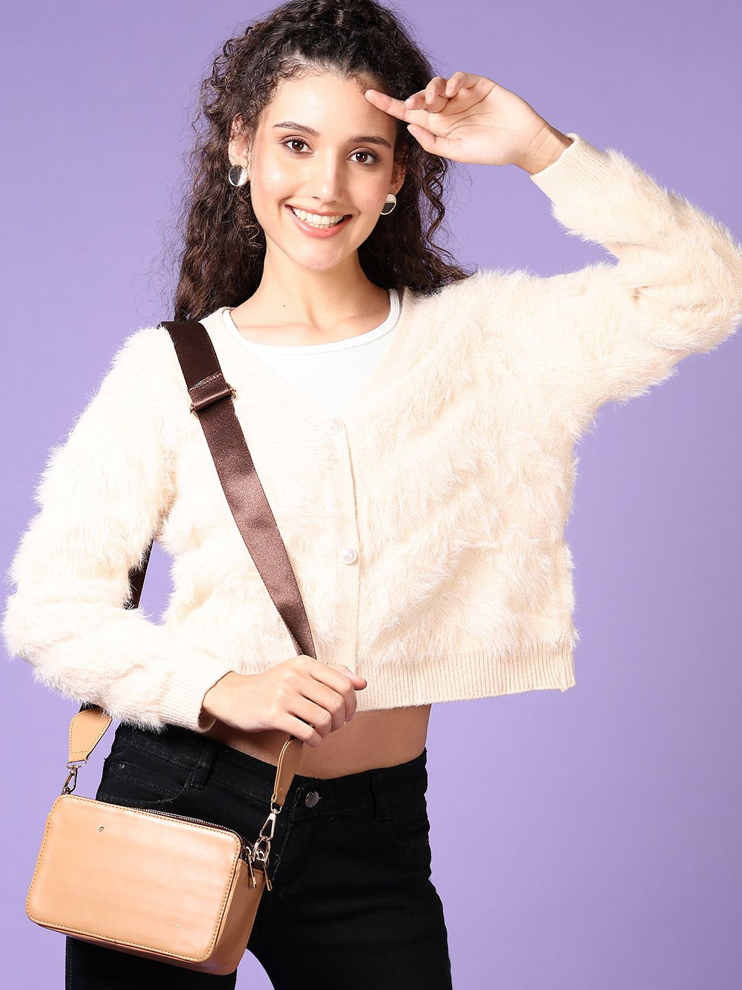 

V-Mart Women Cardigan Crop Sweater, Beige