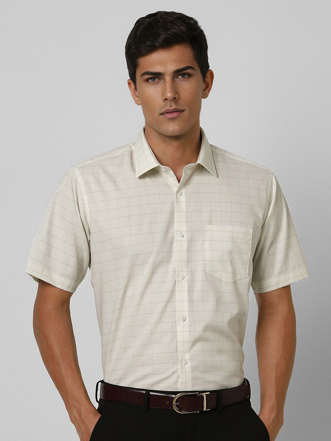 

Van Heusen Men Spread Collar Tartan Checked Cotton Slim Fit Formal Shirt, Cream