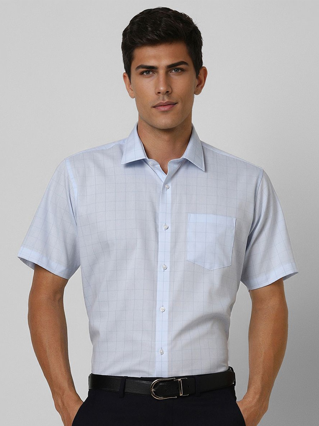 

Van Heusen Men Spread Collar Checked Cotton Slim Fit Formal Shirt, Blue