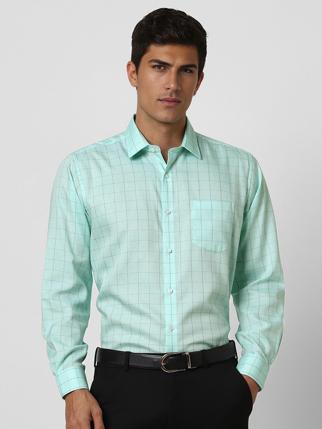 

Van Heusen Men Spread Collar Checked Cotton Slim Fit Formal Shirt, Sea green