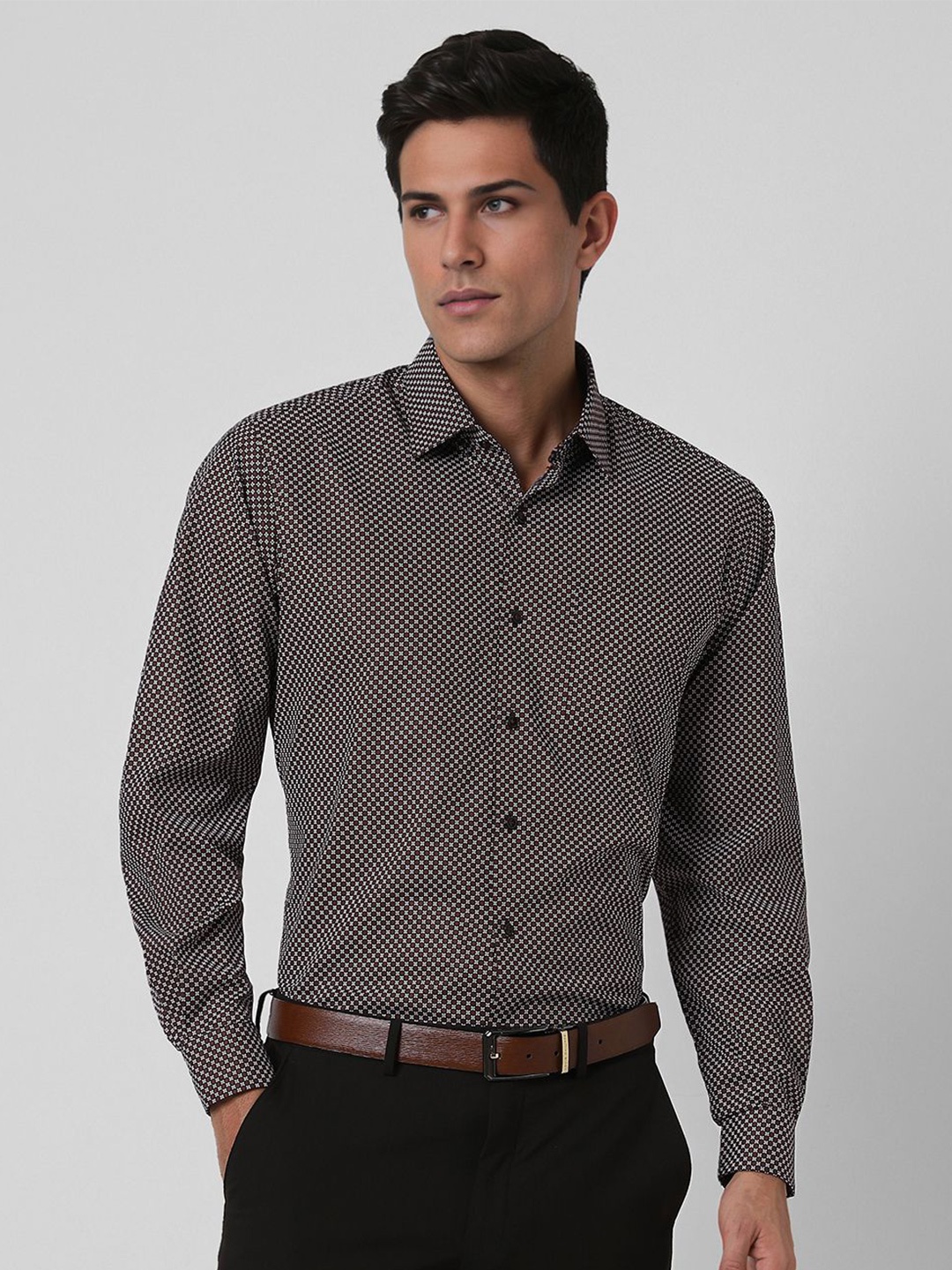 

Van Heusen Men Spread Collar Floral Printed Cotton Slim Fit Formal Shirt, Brown