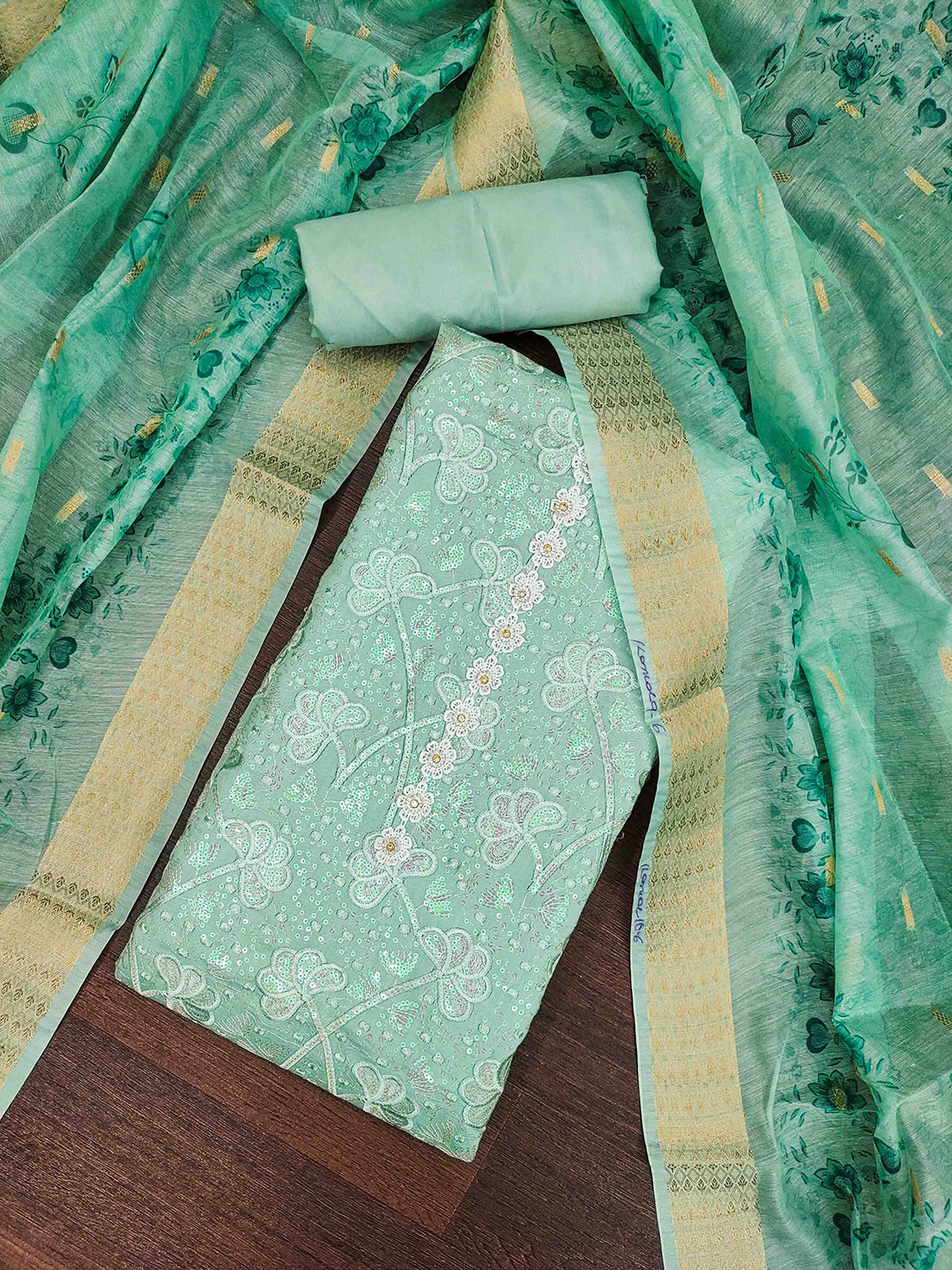 

KALINI Floral Embroidered Sequence Unstitched Dress Material, Green