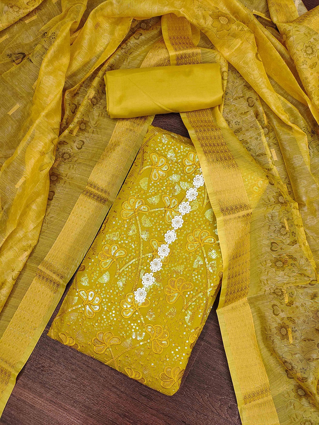 

KALINI Yellow Floral Embroidered Lace Sequinned Unstitched Dress Material