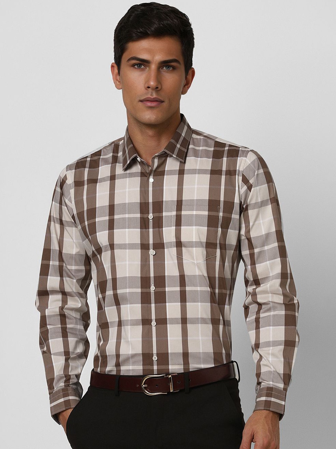 

Van Heusen Men Slim Fit Tartan Checked Formal Shirt, Cream