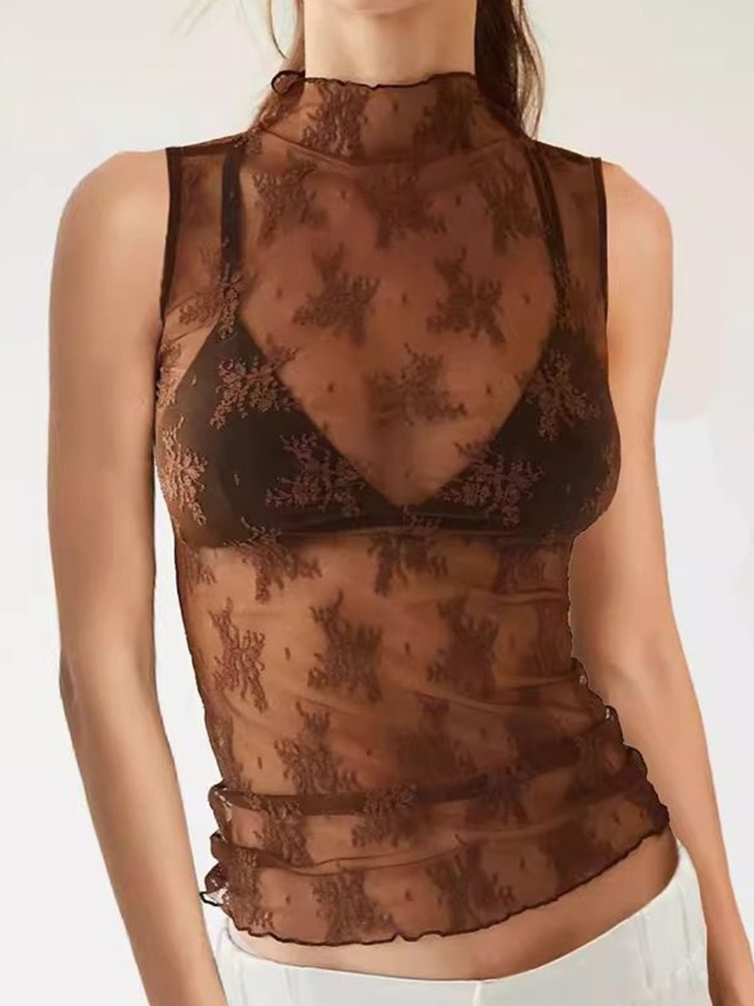 

LULU & SKY Women Self Design High Neck Sleeveless Semi Sheer Top, Brown