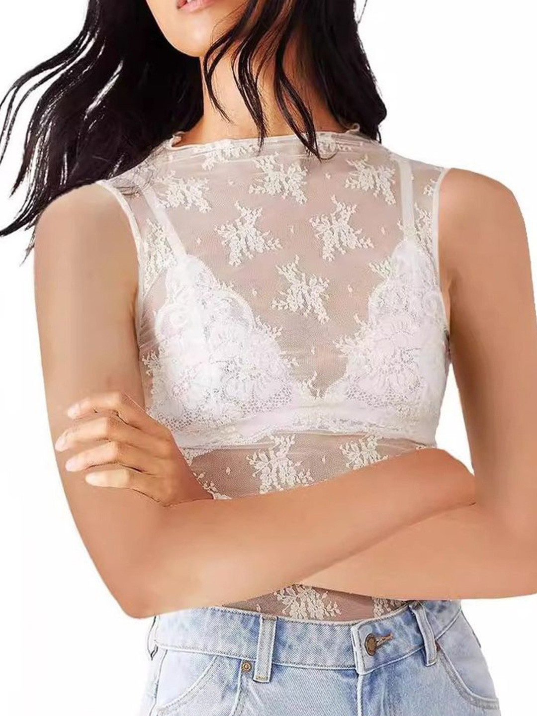 

LULU & SKY Self Design Sheer Fitted Top, White