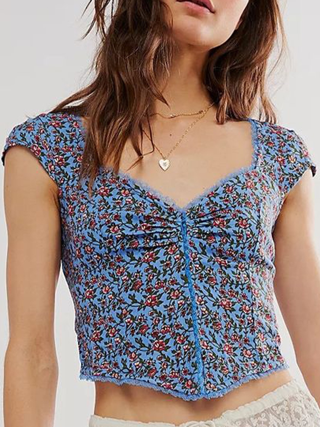

LULU & SKY Floral Printed Sweetheart Neck Crop Top, Blue
