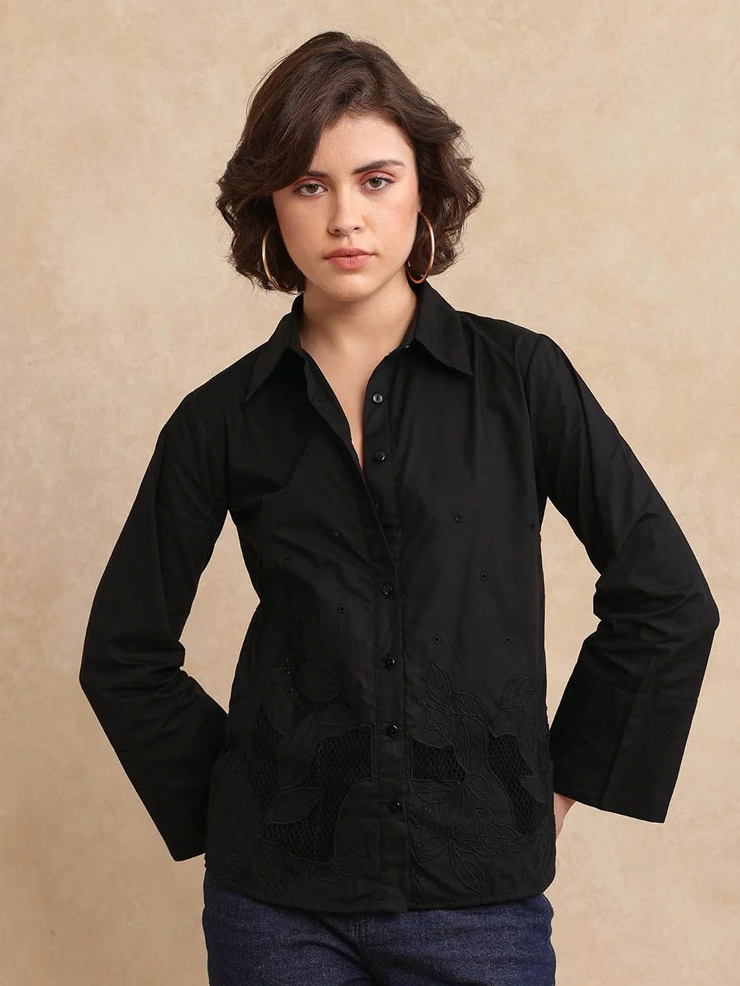 

RAREISM Women Cotton Shirt Style Top, Black